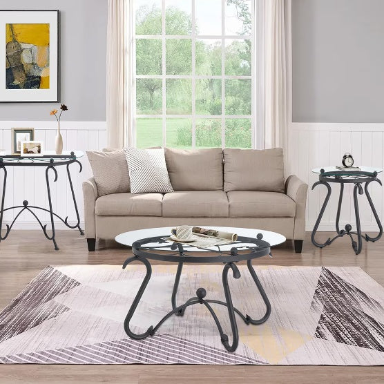 2 Piece Tempered Glass Finished Coffee Table Set With Decorative Coffee Table Round End Side Table - DropOnline.co