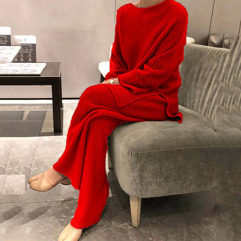 Women's Knit Casual Two-Piece Set - Knitted Sweater and Pants Outfit - DropOnline.co