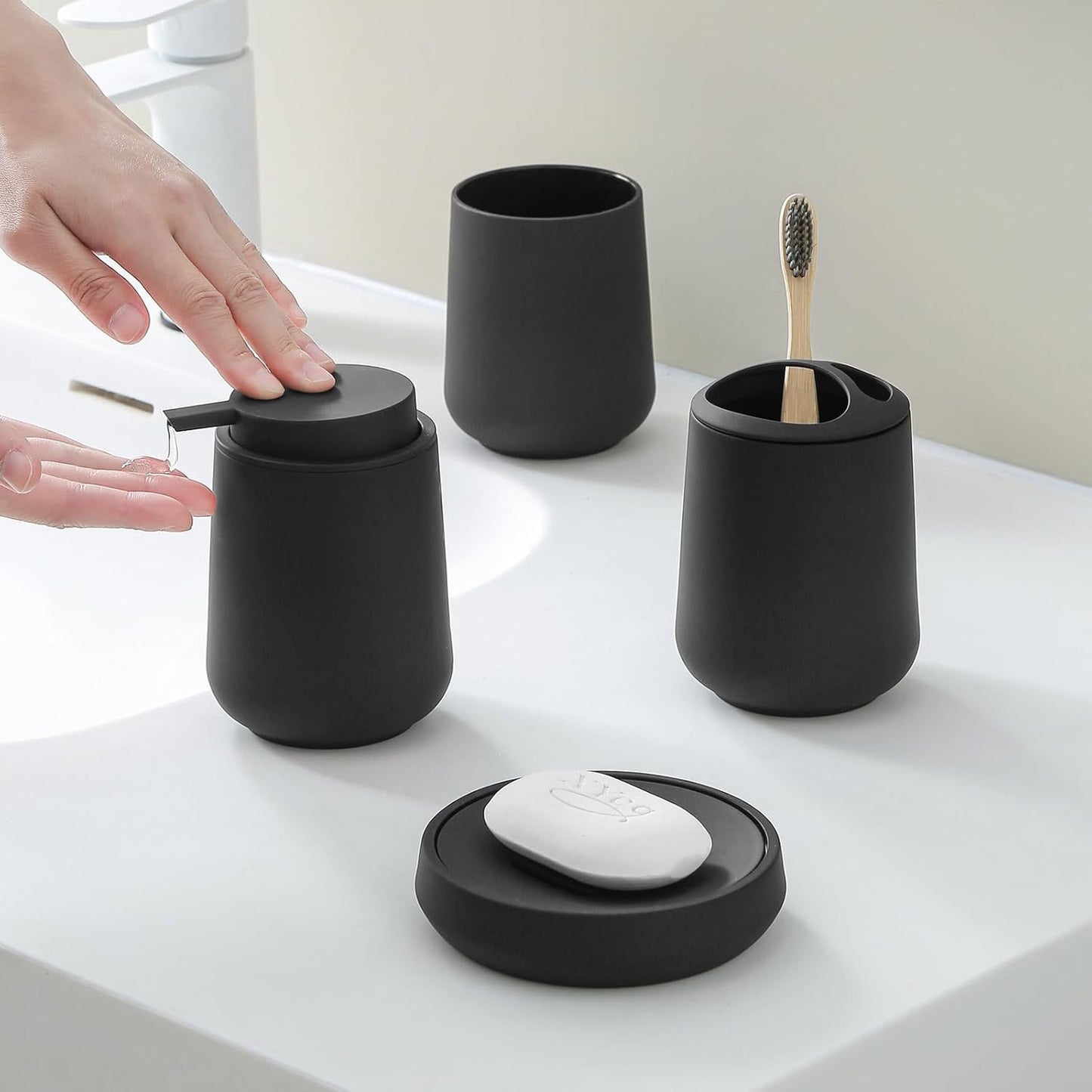 Matte Black Bathroom Accessories Set Plastic Soap Dispenser Toothbrush Holder Cup Soap Dish For Modern Bathroom Decor - DropOnline.co