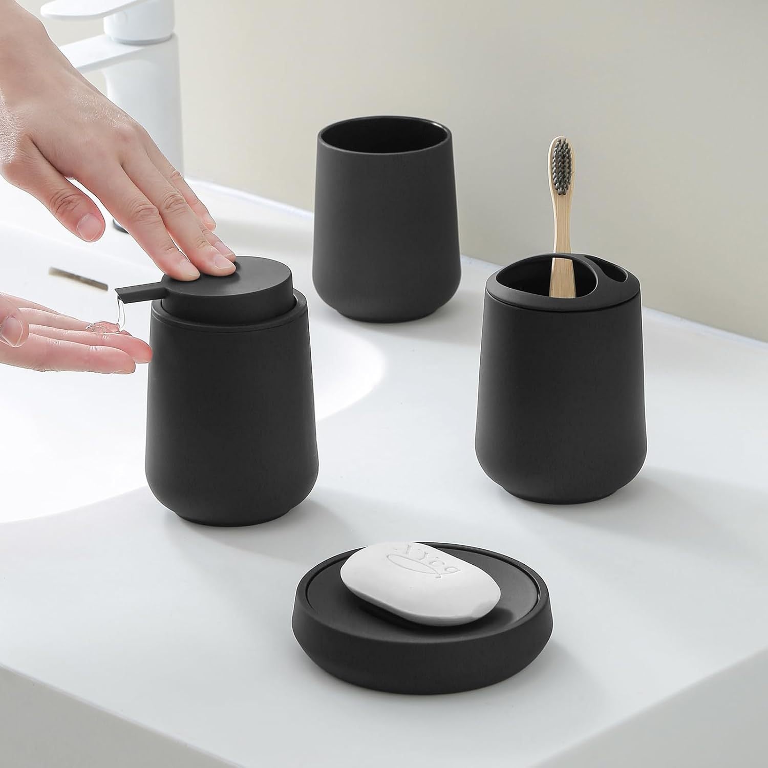 Matte Black Bathroom Accessories Set Plastic Soap Dispenser Toothbrush Holder Cup Soap Dish For Modern Bathroom Decor - DropOnline.co