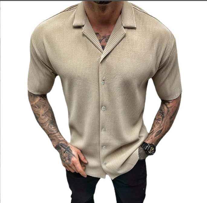 Men's Solid Color Short Sleeve Cardigan Shirt - Casual Button-Up