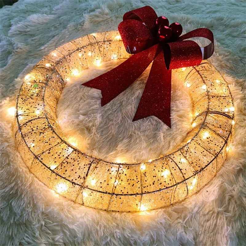 Christmas LED Wreath 50cm - Luminous Metal Garland with Bow & Warm Lights for Front Door - DropOnline.co