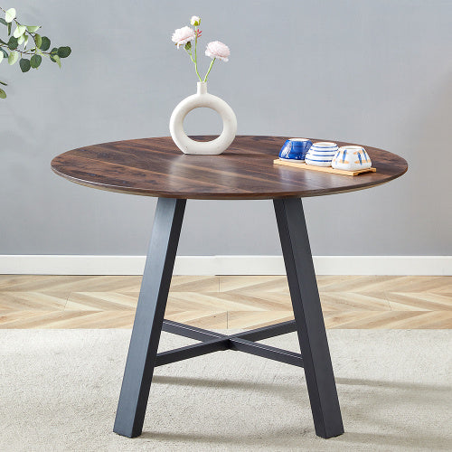 Modern Minimalist Round Dining Table And Coffee Table. 42 Inch Diameter MDF Table Top, Deep Wood Grain Table Top, Black Metal Legs, Fits Home & Office F-1172 - DropOnline.co