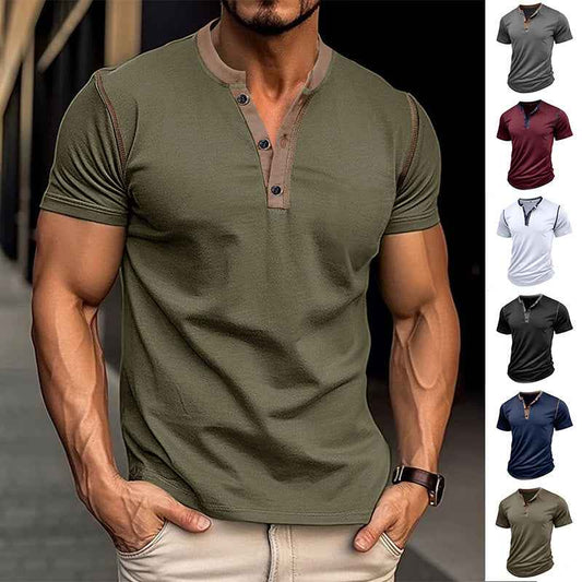 Men's Fashion Short Sleeve Polo Shirt - Summer Button V-Neck Top
