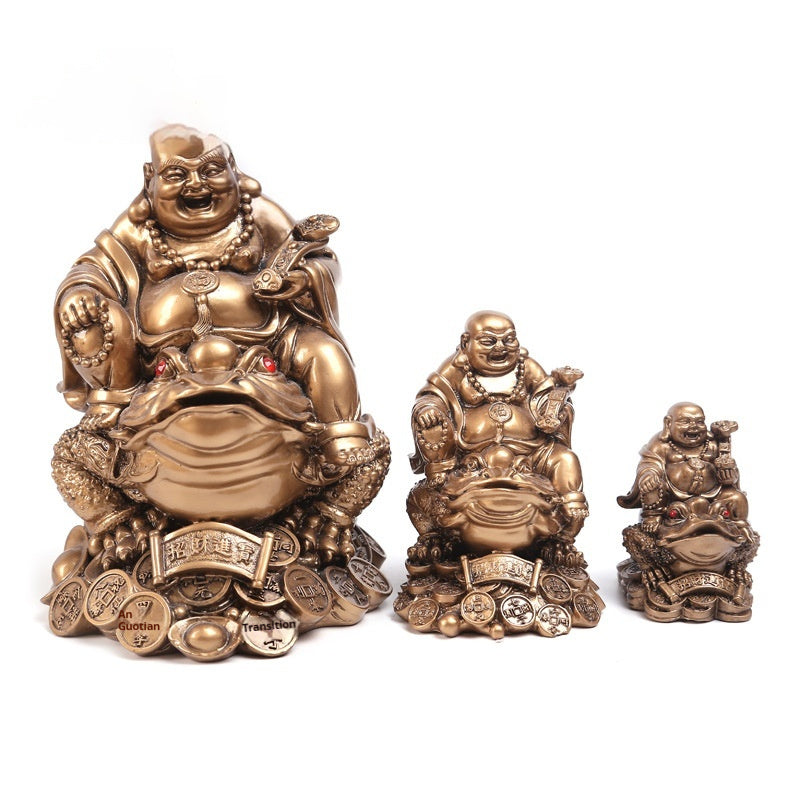 Copper Maitreya Buddha Ornament Sitting On A Golden Toad - DropOnline.co