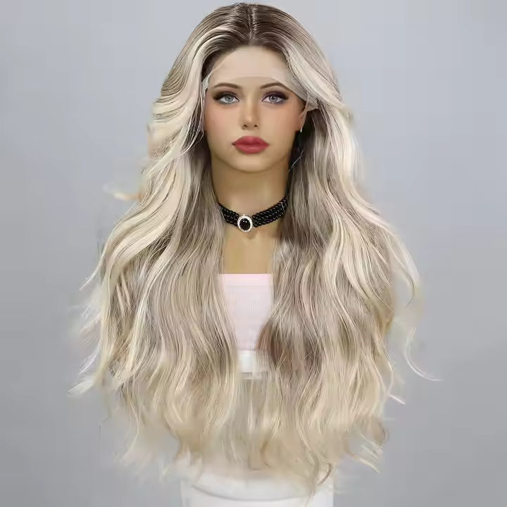 European And American Fashion T-shaped Lace Gold Gradient Wavy Curly Hair Wigs Shipped From Warehouse - DropOnline.co
