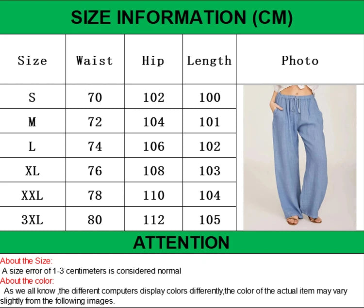 Women's Cotton Linen Wide Leg Pants — Elastic Waist Casual Trousers