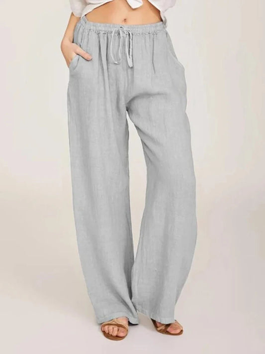 Pantalon large en coton et lin pour femme — Pantalon décontracté à taille élastique