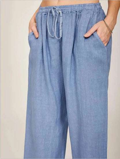 Women's Cotton Linen Wide Leg Pants — Elastic Waist Casual Trousers