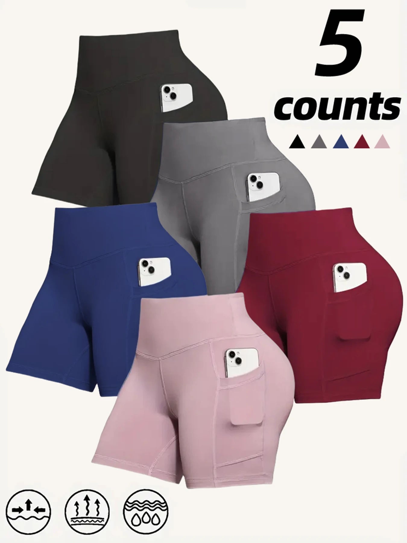 5-Pack Women’s High Waist Biker Shorts with Pockets — Tummy Control