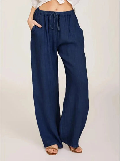 Women's Cotton Linen Wide Leg Pants — Elastic Waist Casual Trousers