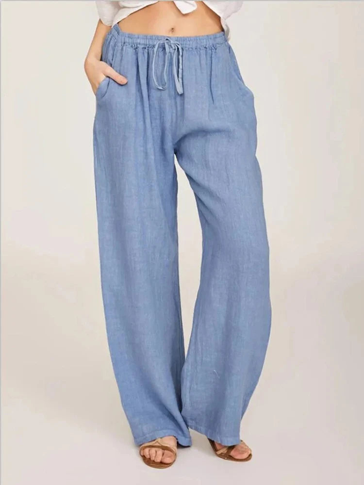 Women's Cotton Linen Wide Leg Pants — Elastic Waist Casual Trousers