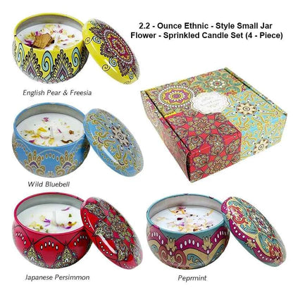 2.2oz Soy Wax Candle Set – 4pcs Ethnic Tin with Dried Flowers, Long-Lasting Smokeless Aromatherapy Gift Box