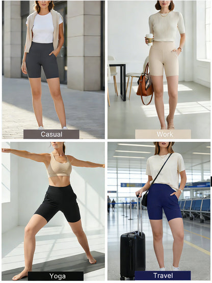 5-Pack Women’s High Waist Biker Shorts with Pockets — Tummy Control
