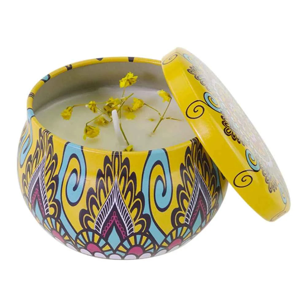 2.2oz Soy Wax Candle Set – 4pcs Ethnic Tin with Dried Flowers, Long-Lasting Smokeless Aromatherapy Gift Box