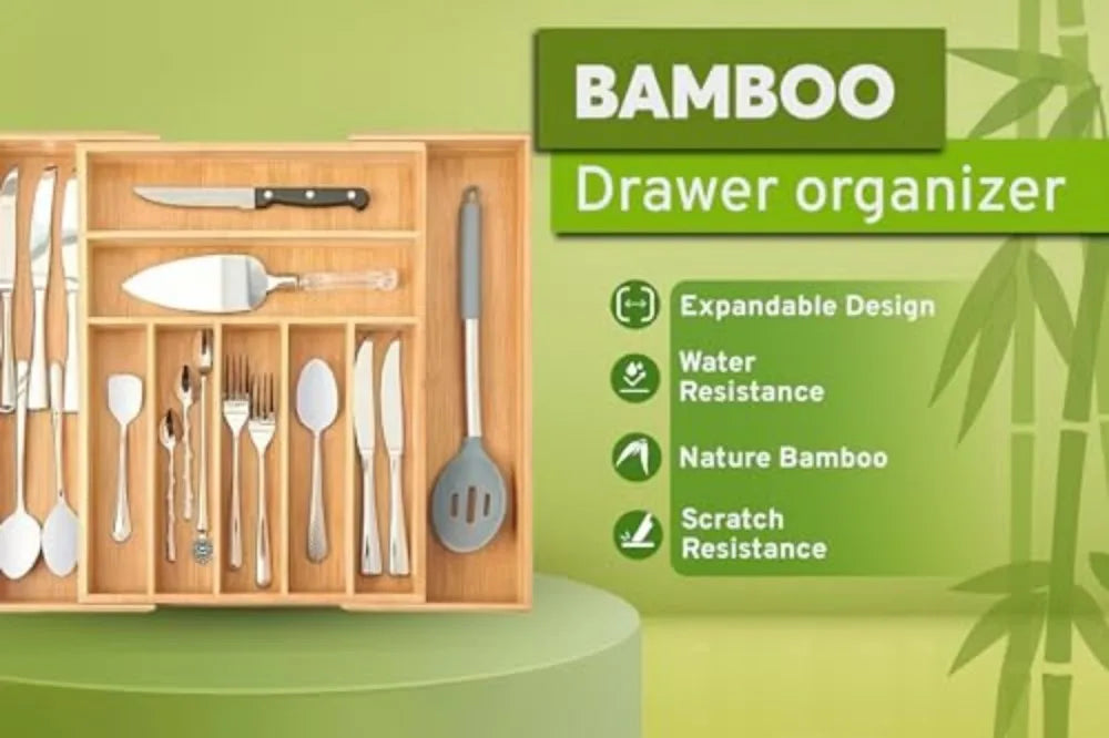 Bamboo Drawer Organizer, 9-Compartment Utensil Tray
