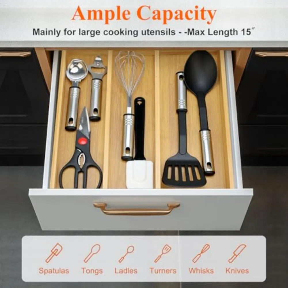 Large Expandable Bamboo Utensil Drawer Organizer