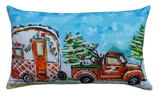 Oreiller de vacances caravane de Noël illustré à la main (14"X20")