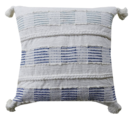 Housse de coussin décoratif bleue et blanche, carrée 56 x 56 cm, garniture incluse
