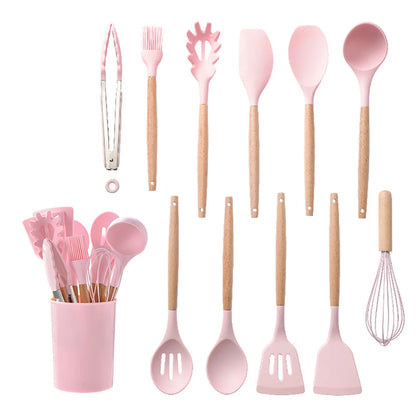 Silicone Cooking Utensils Set with Wooden Handles, Non-Stick Safe, 30-Piece