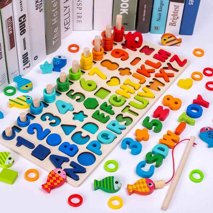 3D Preschool Children Educational Toys Wooden Montessori Arithmetic Magnetic Fishing Digital Shape Matching Building Block Toys