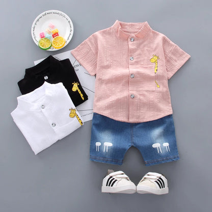 Cartoon Top & Denim Shorts Outfit Set