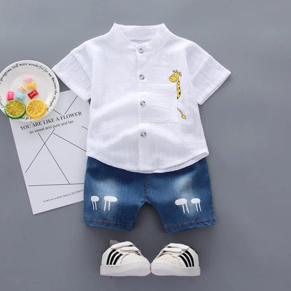 Cartoon Top & Denim Shorts Outfit Set