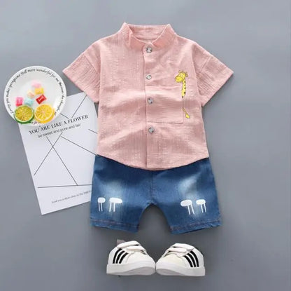 Cartoon Top & Denim Shorts Outfit Set