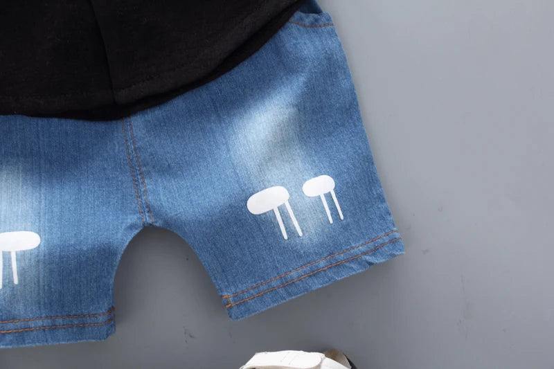 Cartoon Top & Denim Shorts Outfit Set