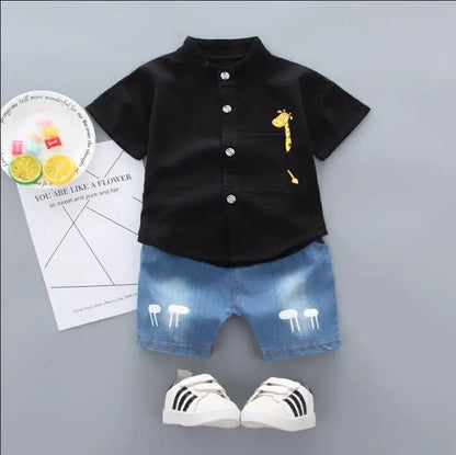 Cartoon Top & Denim Shorts Outfit Set