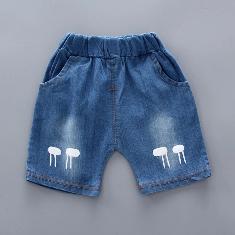 Cartoon Top & Denim Shorts Outfit Set
