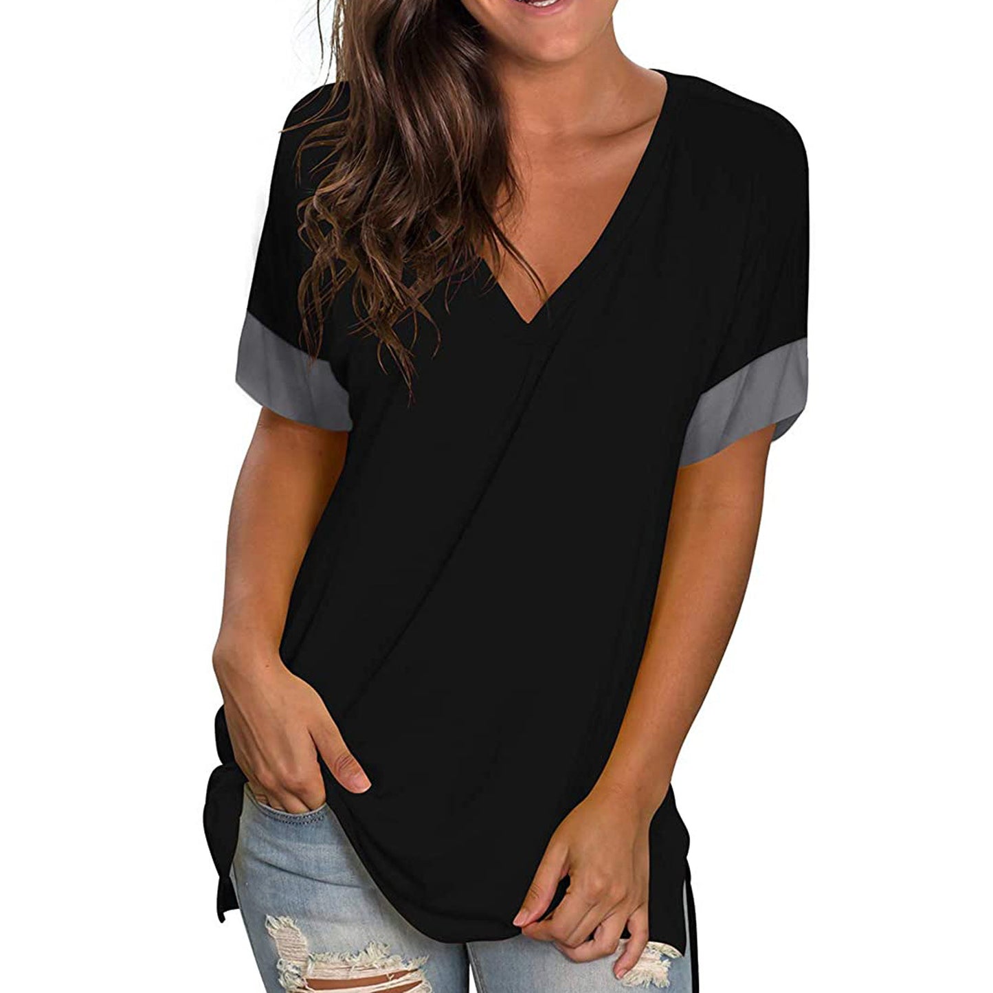 Women's V-Neck Short Sleeve Base Shirt — Solid Color Stitching Casual Top
