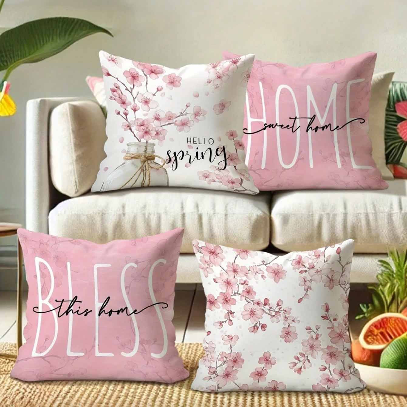 Spring Cherry Blossom Letter Pillow Cover Home Sofa Cushion Cover - DropOnline.co