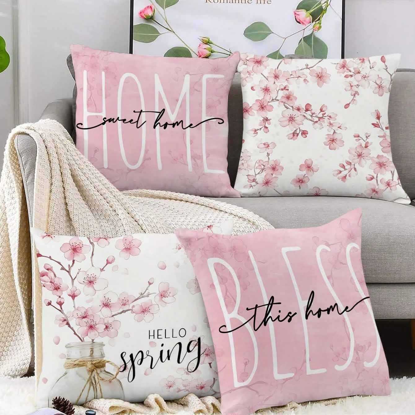 Spring Cherry Blossom Letter Pillow Cover Home Sofa Cushion Cover - DropOnline.co