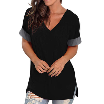 Women's V-Neck Short Sleeve Base Shirt — Solid Color Stitching Casual Top