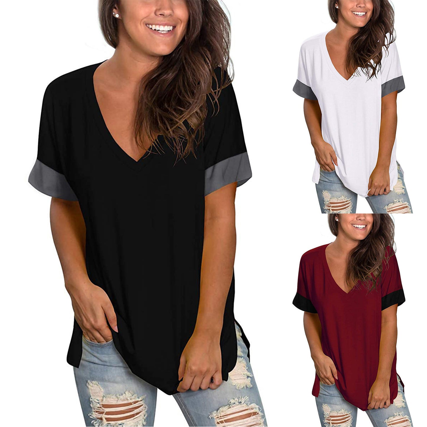 Women's V-Neck Short Sleeve Base Shirt — Solid Color Stitching Casual Top