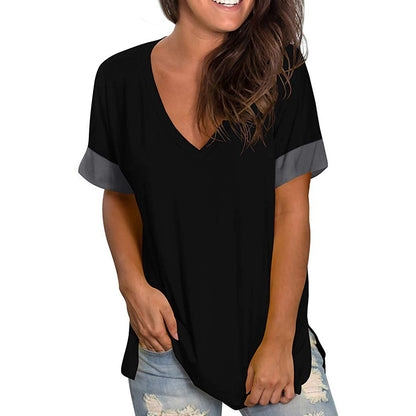 Women's V-Neck Short Sleeve Base Shirt — Solid Color Stitching Casual Top