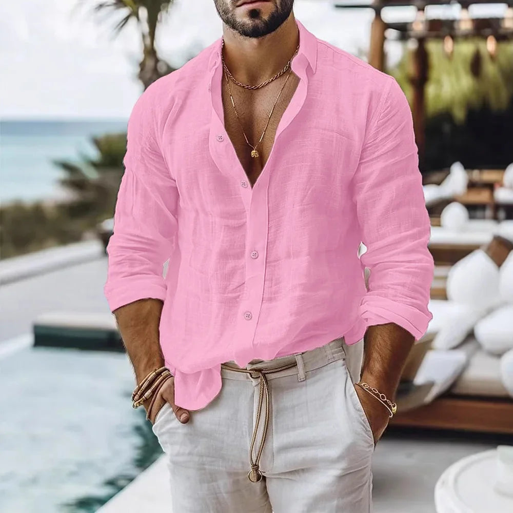 Men's Cotton Linen Beach Style Button Shirt — Solid Color Breathable Lightweight Top