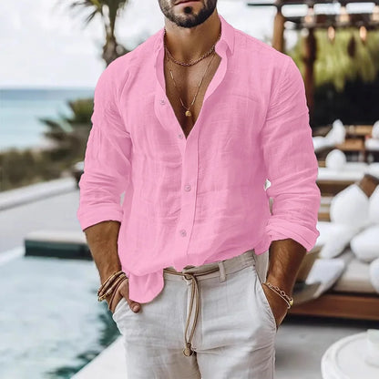 Men's Cotton Linen Beach Style Button Shirt — Solid Color Breathable Lightweight Top