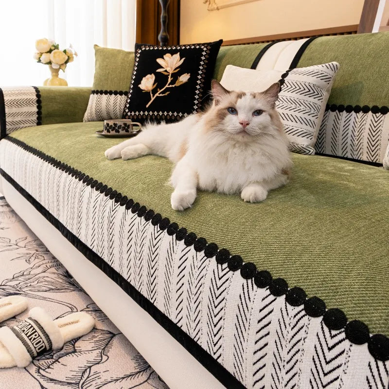 Chenille Sofa Cover, Non-Slip, Contrast Hem