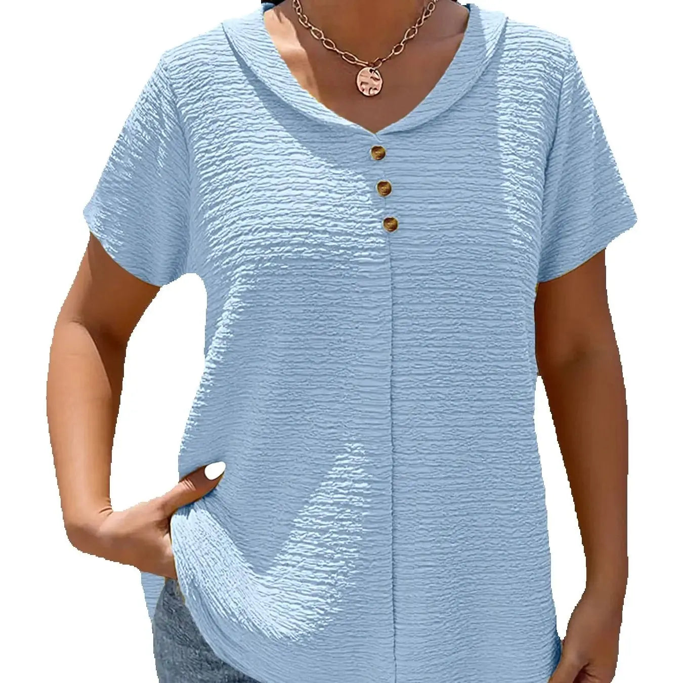 Women's Plus Size Doll Neck Short Sleeve Top — Elegant Textured Blouse