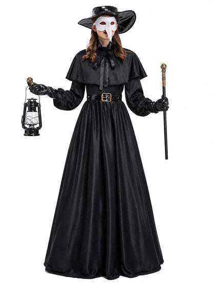 Women Plague Doctor Costume Set Medieval Gothic Long Dress with Cape Belt Hat Gloves Bird Beak Mask Steampunk Halloween Cosplay Outfit for Carnival Party