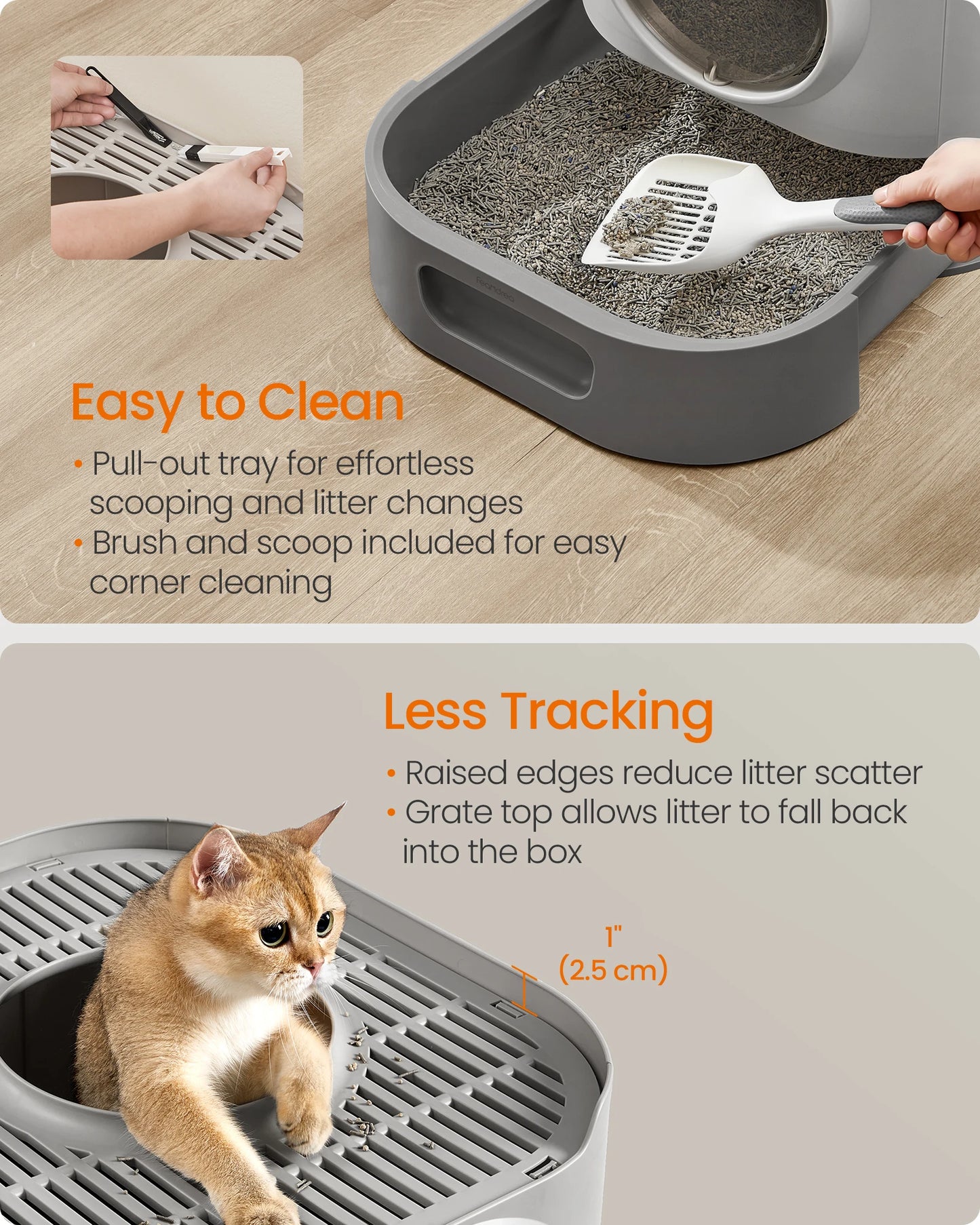 Feandrea XL Enclosed Cat Litter Box with Lid — Slide-Out Tray, Scoop & Brush, Anti-Tracking