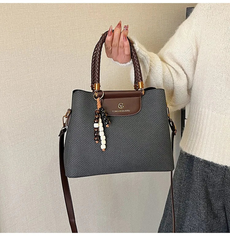 Dark Khaki Faux Leather Tote, Braided Handle & Wood Beads