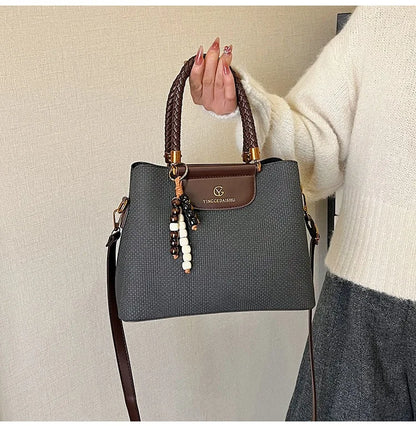 Dark Khaki Faux Leather Tote, Braided Handle & Wood Beads