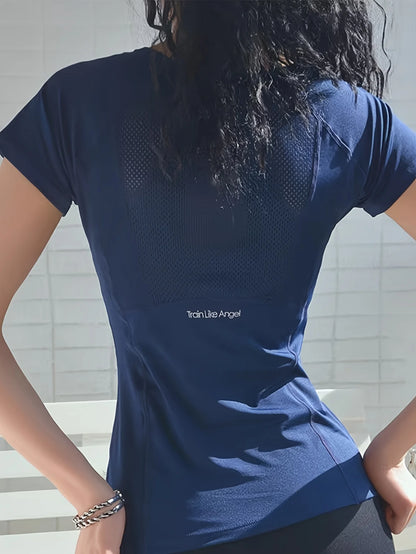 Sports T-shirt women summer breathable sexy beauty back fitness wear quick dry running training short sleeve yoga top