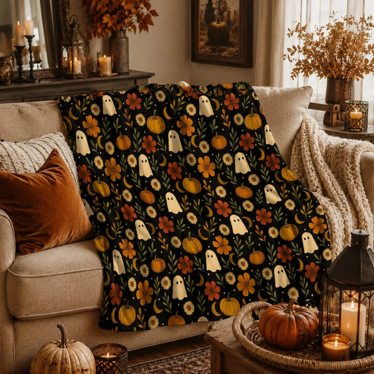 Halloween Ghosts and Pumpkins Velveteen Throw Blanket, Summerween Blanket