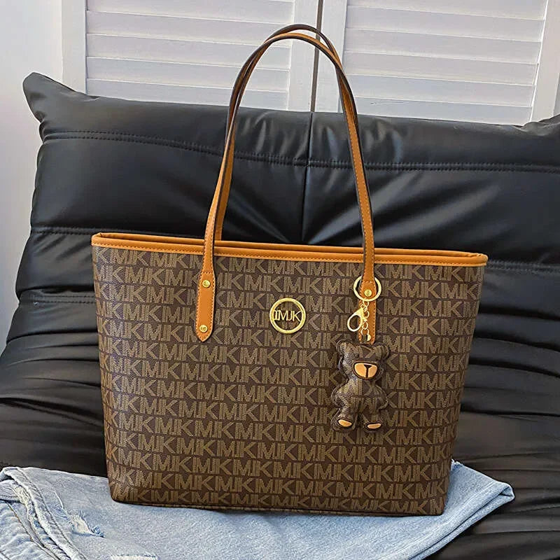 Letter-Print Tote with Cartoon Bear Charm
