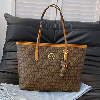Letter-Print Tote with Cartoon Bear Charm