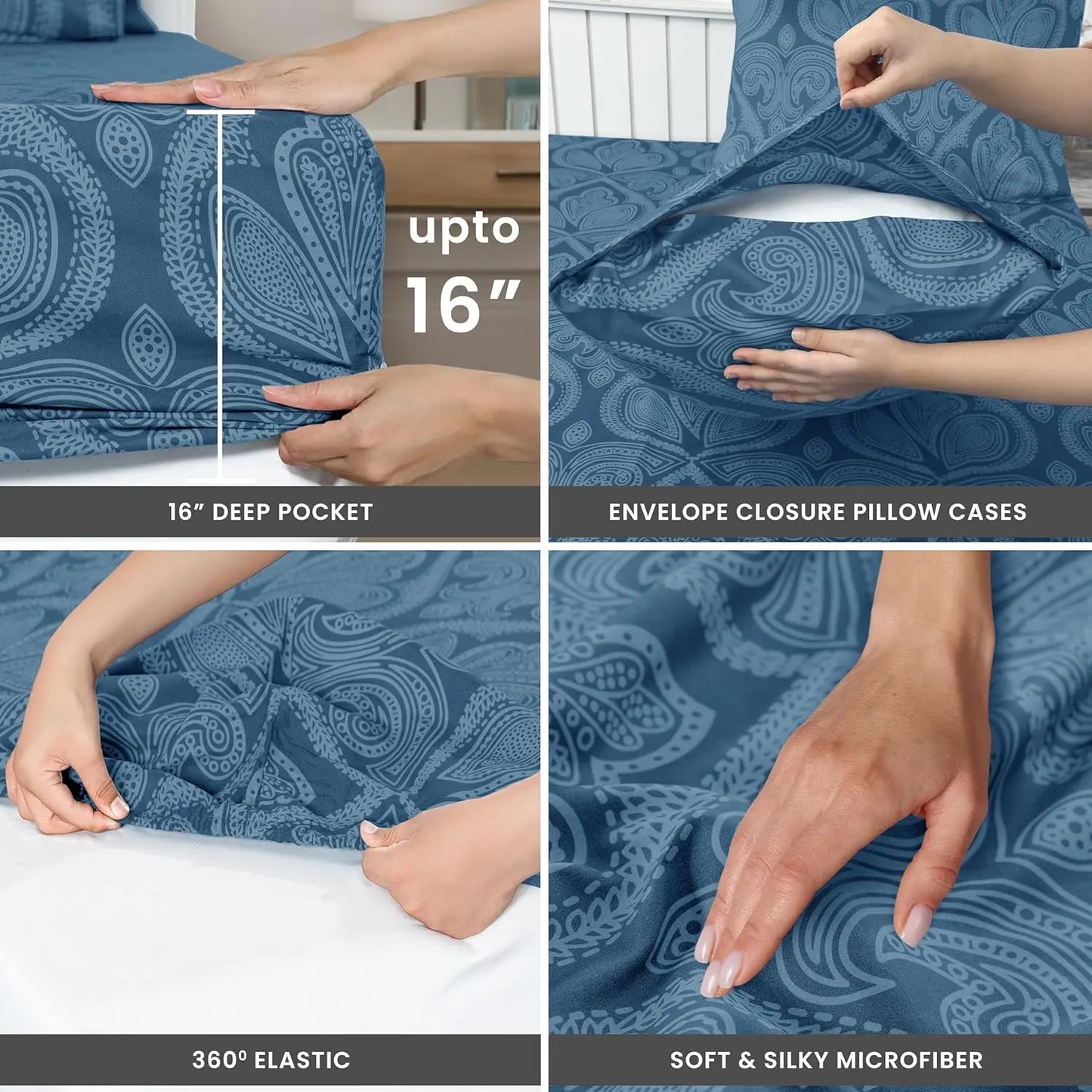 Queen Sheet Set 6 Piece, Paisley Floral Pattern Microfiber Bed Sheets with 16" Deep Pocket, Wrinkle-Free Breathable Bedding